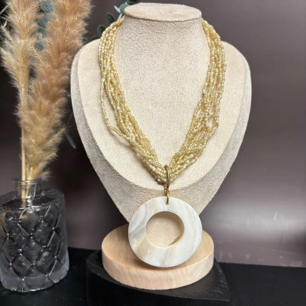 Y2K‎ Express Beaded Pendant Necklace | Cream Seed Beads + Round Medallion